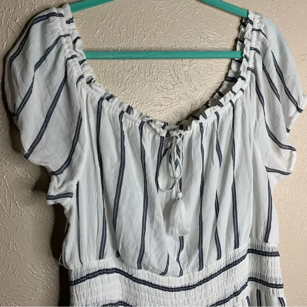 American eagle striped off shoulder ruffle tiered dress white gray - Picture 4 of 13